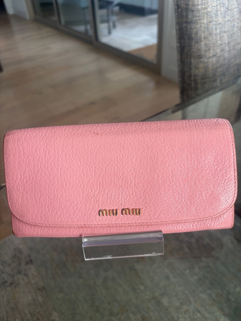 Miu Miu Pink Pebbled Leather Flap Wallet with Gold Logo
